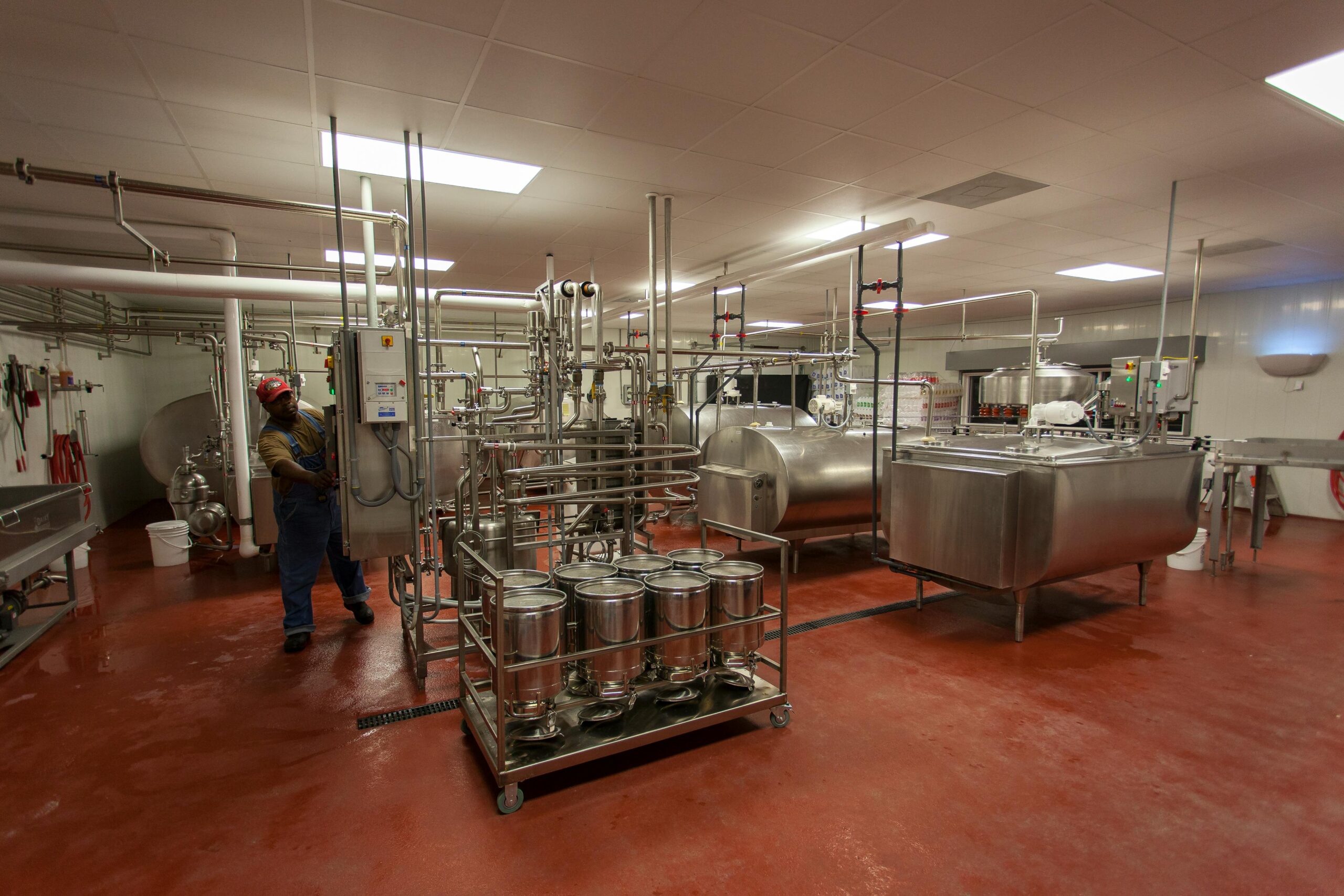 High-tech dairy processing facility with advanced equipment and industrial machinery for milk production.