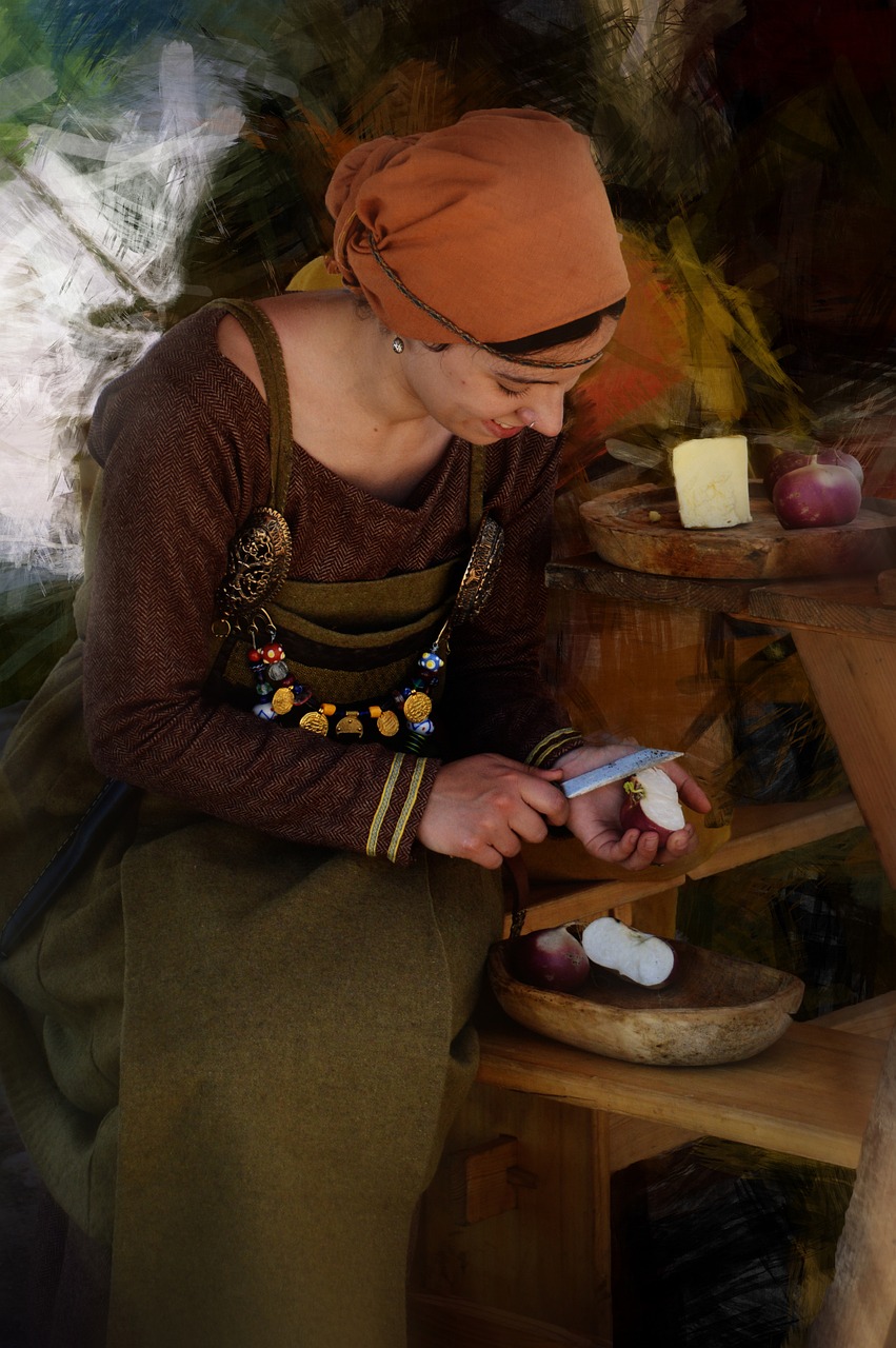 artisan, woman, cook, cutting, slice, person, in the old days, medieval, manual, work